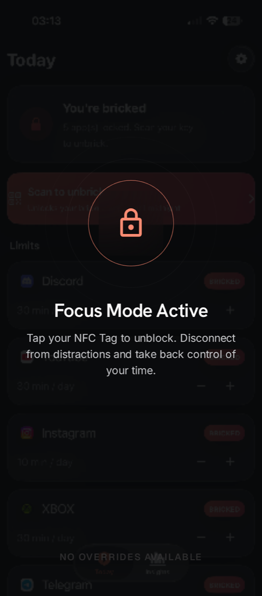 Brickr active bricked screen requiring NFC tap