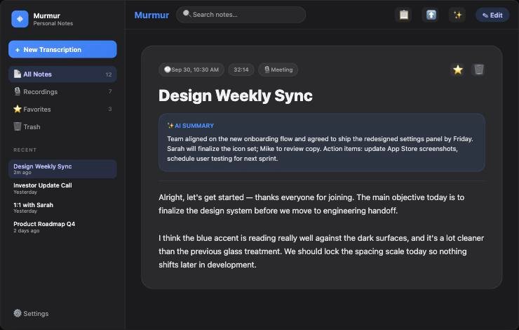 Murmur's notes library showing transcribed meetings with AI executive summaries