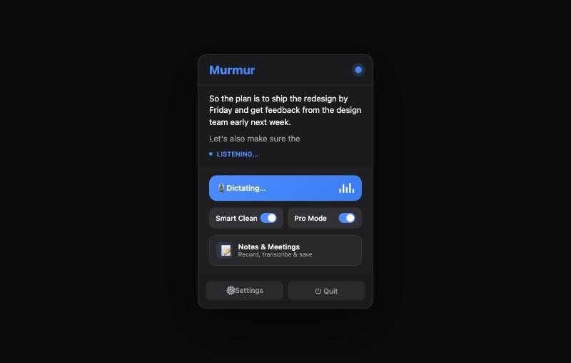Murmur menu bar popover showing live dictation