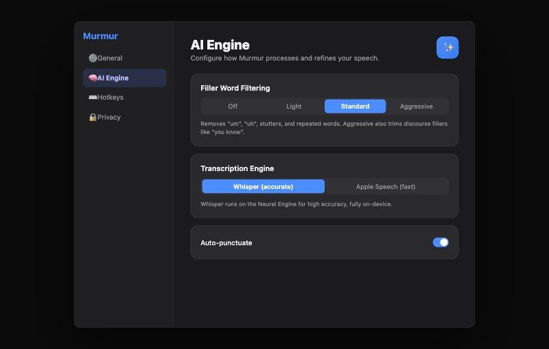 Murmur AI Engine and Whisper settings panel